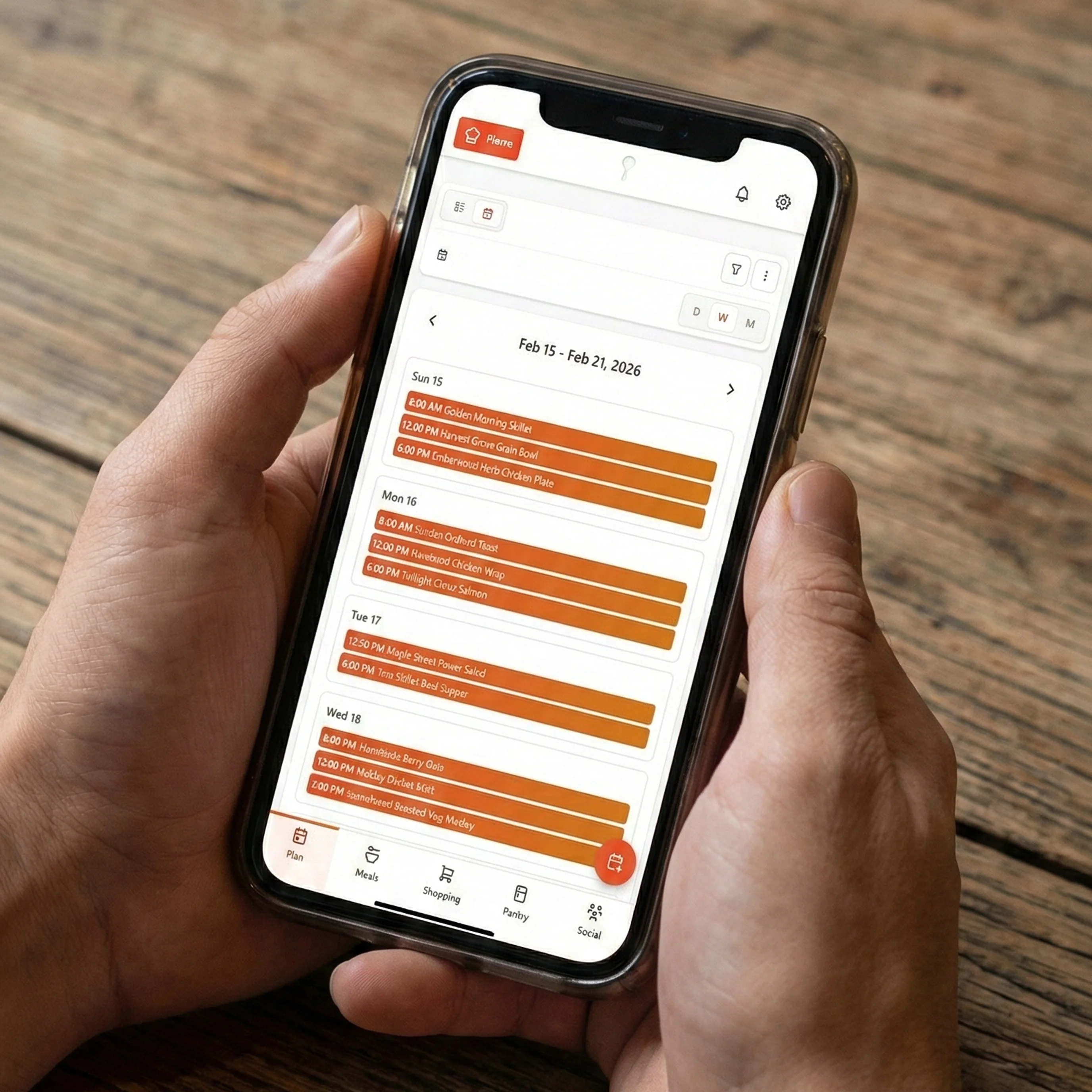 GoodSpoon calendar interface on smartphone showing weekly meal schedule with drag-and-drop meal planning and external calendar sync