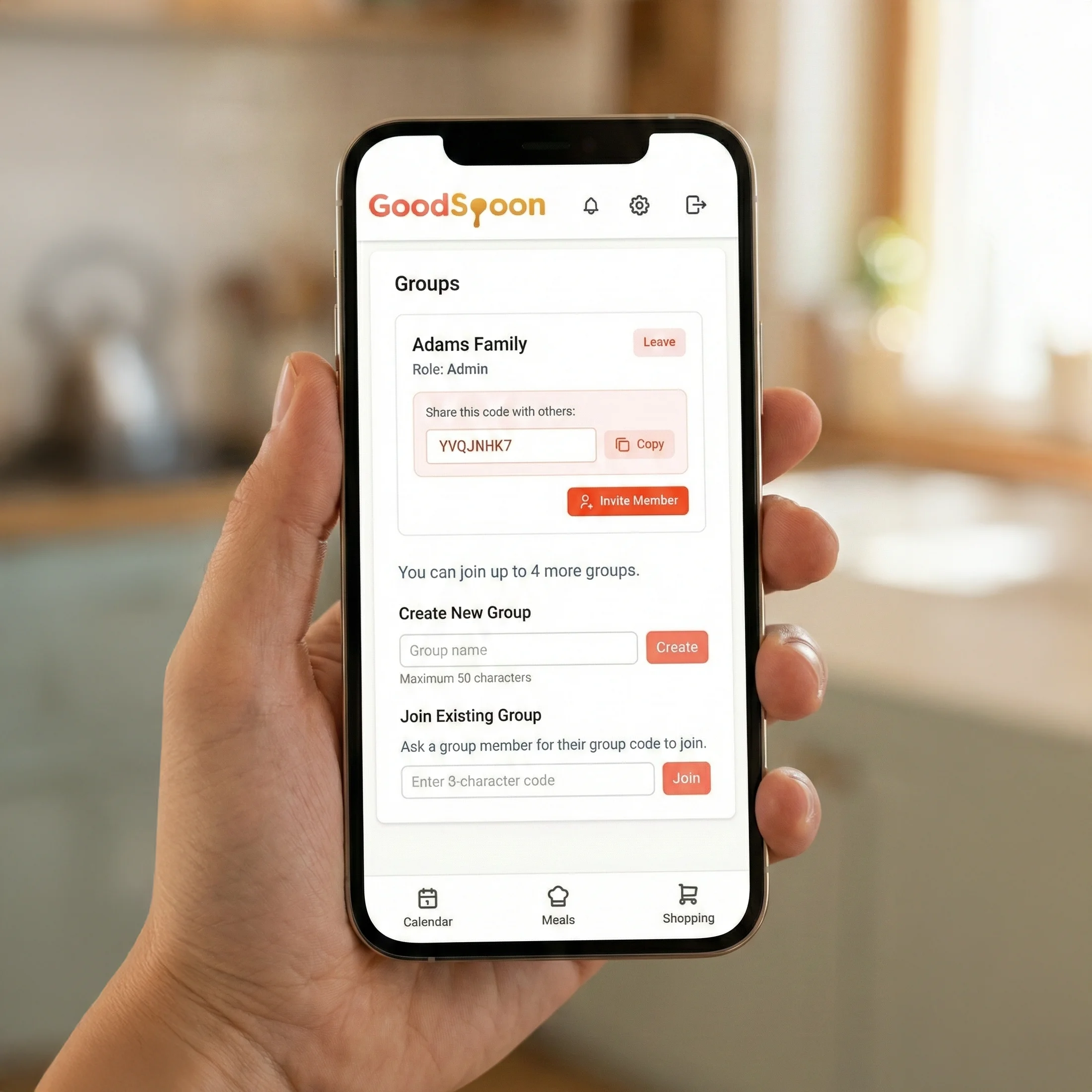 Hand holding smartphone displaying GoodSpoon group settings interface with shared calendars and member management