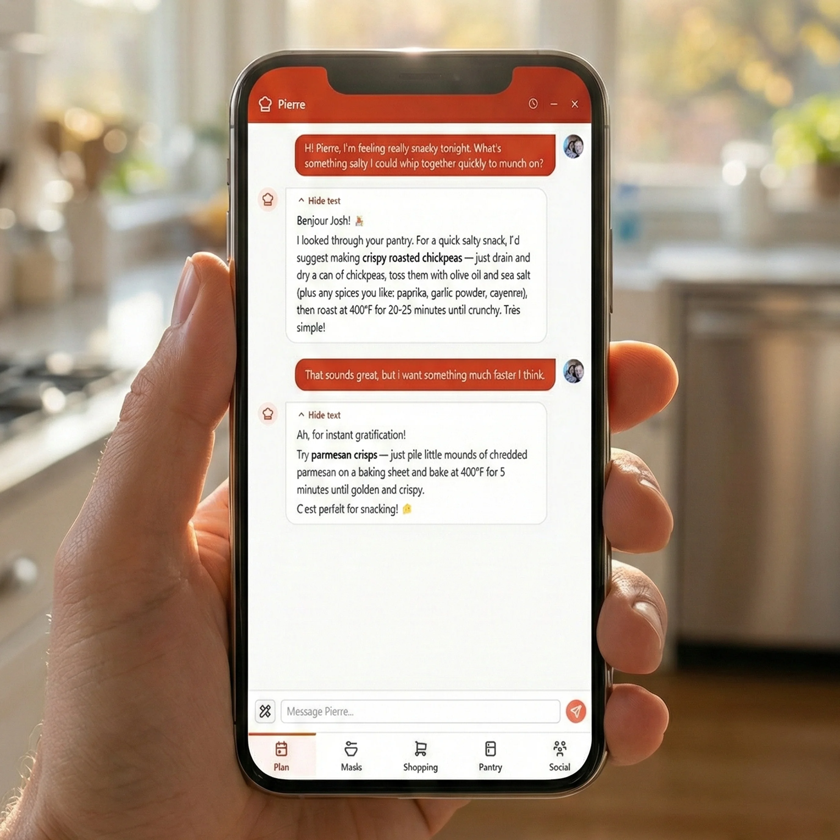 Hand holding smartphone displaying chat conversation with Pierre, GoodSpoon's AI meal planning assistant