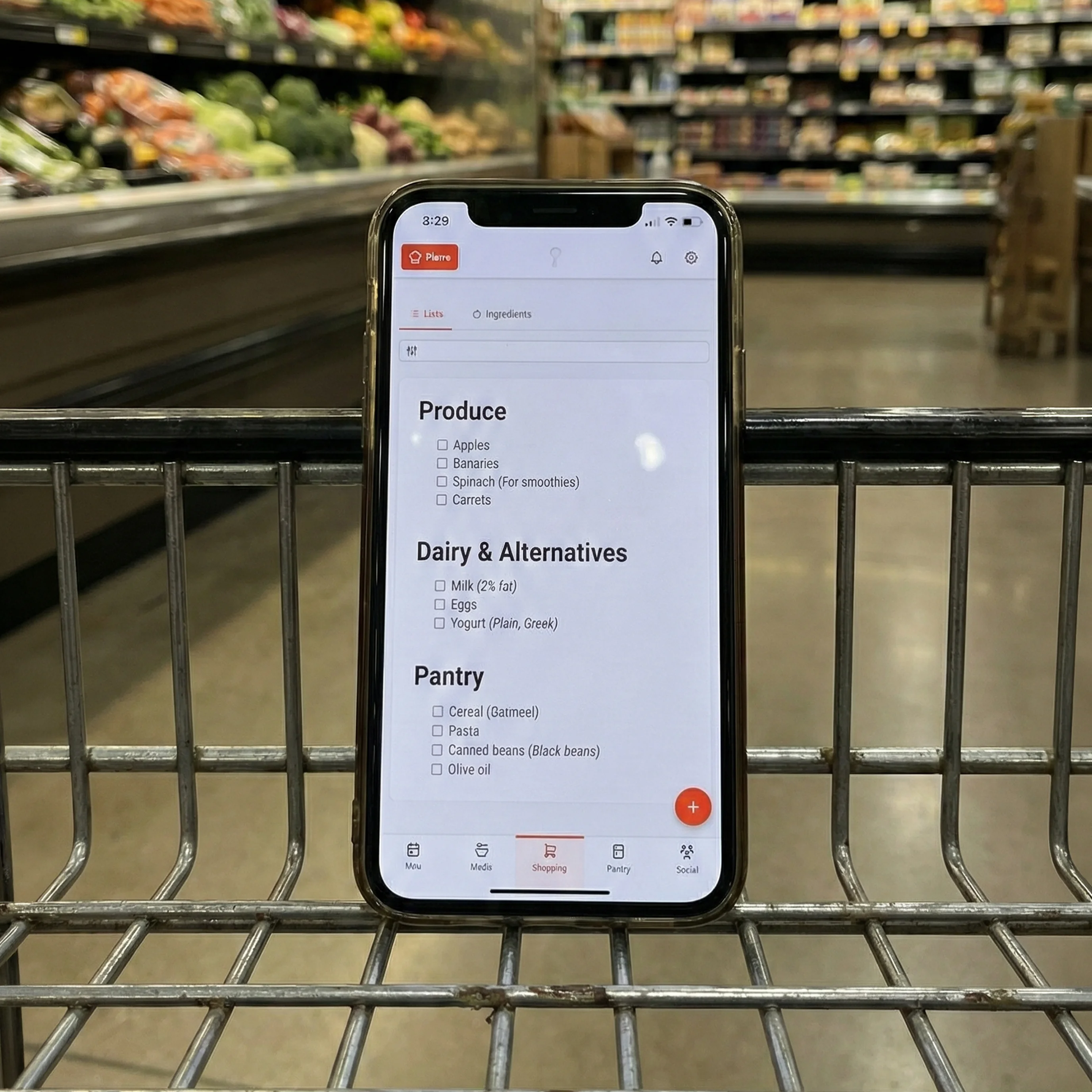 Smartphone with GoodSpoon shopping list displayed, sitting in grocery cart showing organized ingredients by category