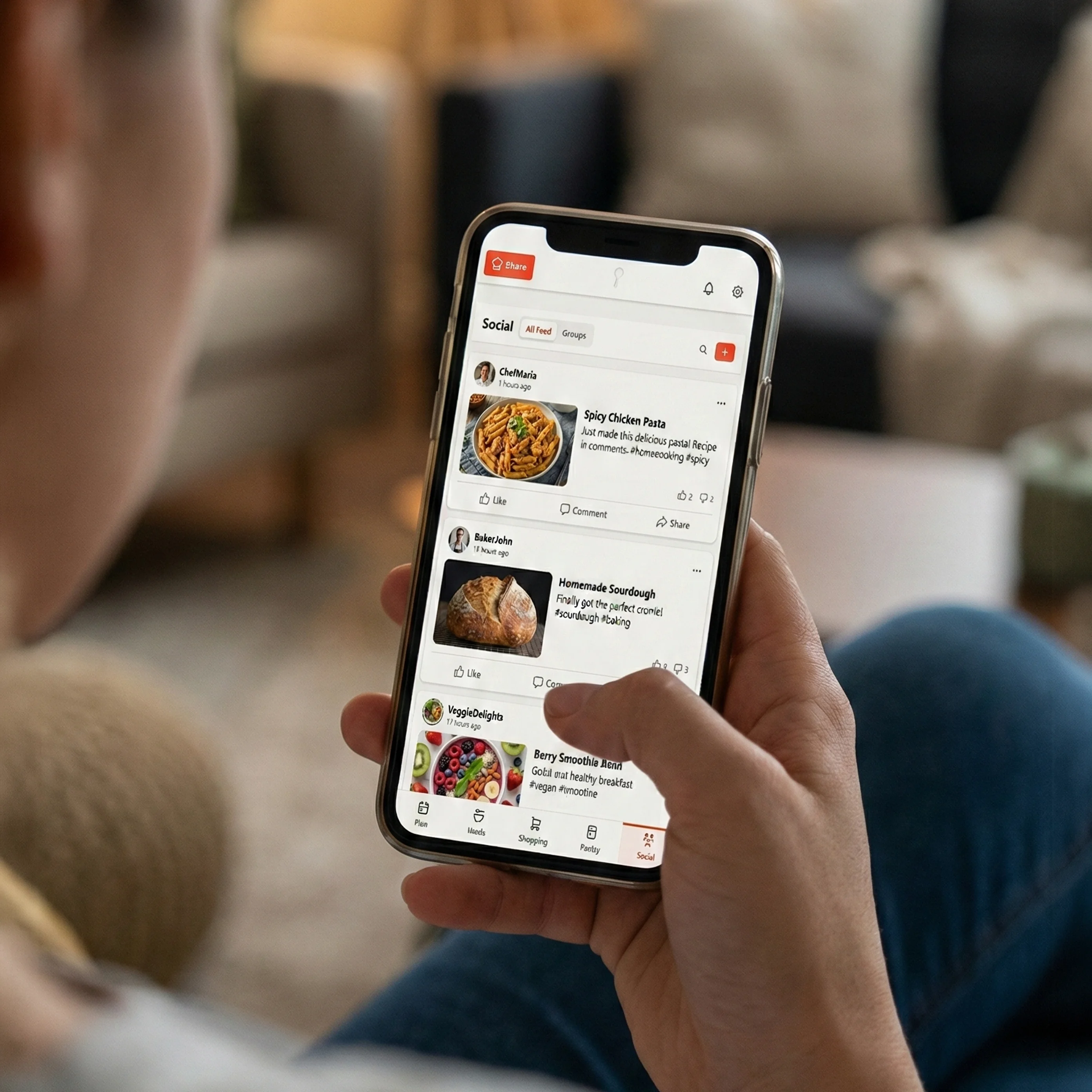 Person browsing GoodSpoon social feed on smartphone, discovering shared recipes and meal ideas from the community