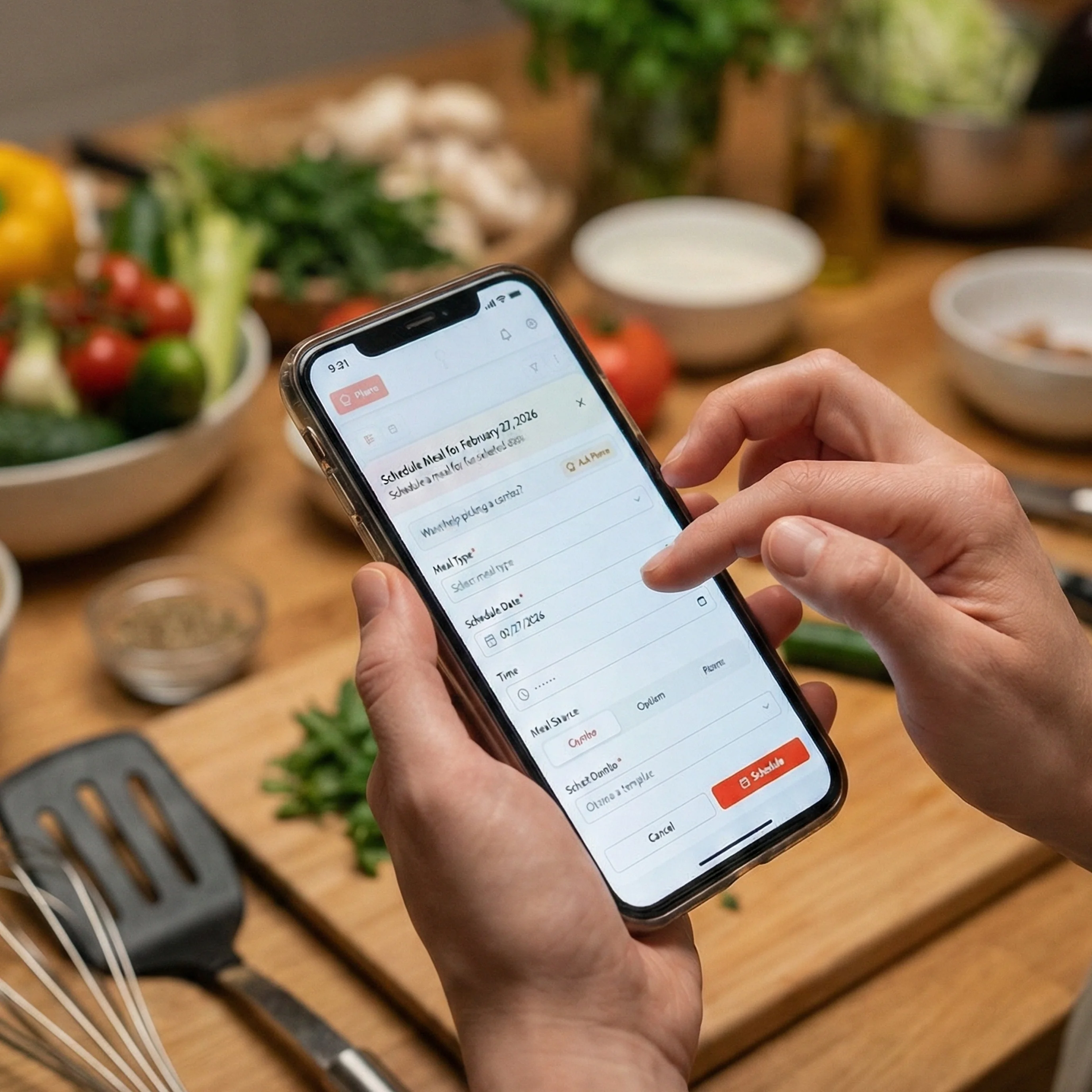 GoodSpoon calendar interface on smartphone showing weekly meal schedule with drag-and-drop meal planning