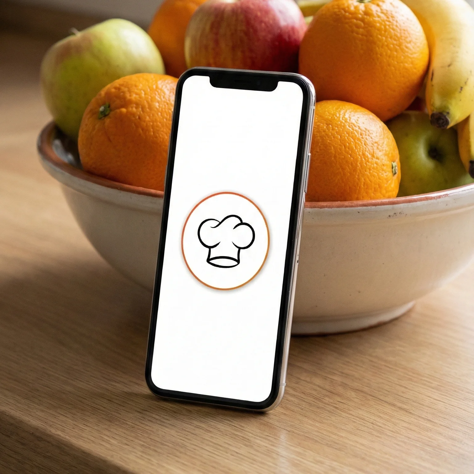 Smartphone displaying Pierre AI interface, leaning against fresh fruit basket showing meal suggestions