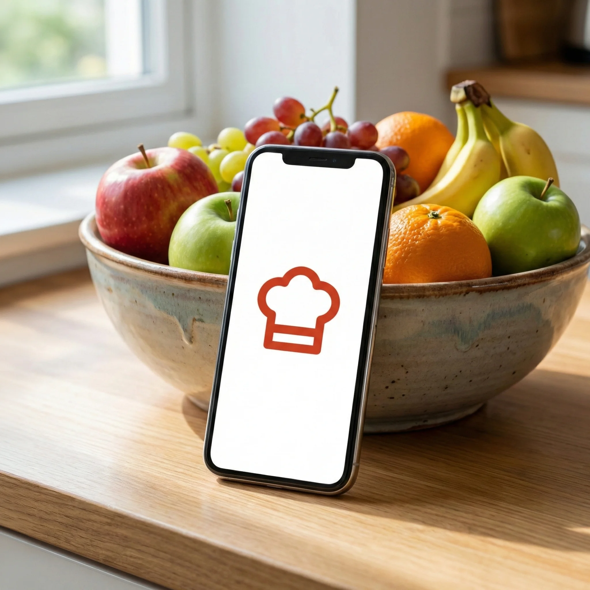 Smartphone displaying Pierre AI interface, leaning against fresh fruit basket showing meal suggestions